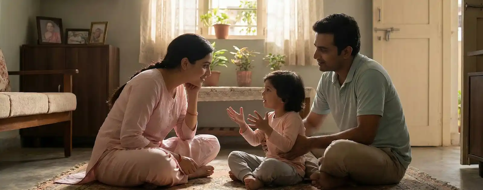 Indian parents emotionally connecting with their child, showing what children want from parents through time, attention, and emotional safety