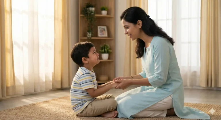 Indian parent calmly responding to child’s emotional behavior