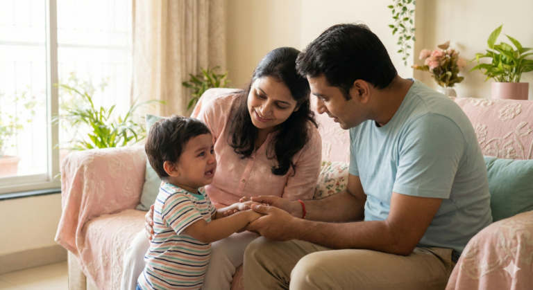 Calm and patient Indian parents listening to their child in a peaceful home environment